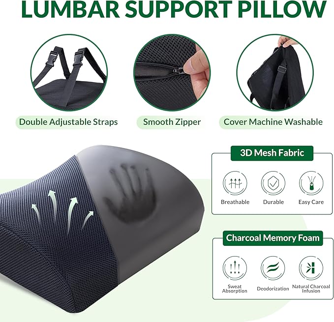 FuturaLoom Seat Cushion & Adjustable Lumbar Support Pillow Set,Charcoal Memory Foam for Sciatica,Back & Tailbone Pain Relief,Washable Cover & Non-Slip,Ergonomic for Office Chair,Car,Wheelchair -Black