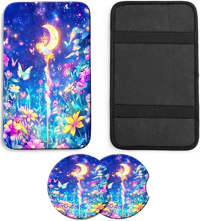 JANENFNA Car Armrest Cover Pads Universal Fashion Cute Auto Center Console Armrest Cover Pad with 2PCS Car Coasters Soft Waterproof Car Armrest Seat Protector for Women,Moon Magic Wand Flower