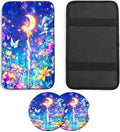 JANENFNA Car Armrest Cover Pads Universal Fashion Cute Auto Center Console Armrest Cover Pad with 2PCS Car Coasters Soft Waterproof Car Armrest Seat Protector for Women,Moon Magic Wand Flower
