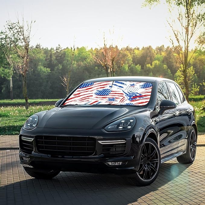 DOPINDU American Flag Car Windshield Sun Shade Umbrella Bendable Handle Foldable Funny Sunshade for Car Windshield Block UV Rays Keep Vehicle Cool for Most Sedans SUV Trucks Cars 57"x30"