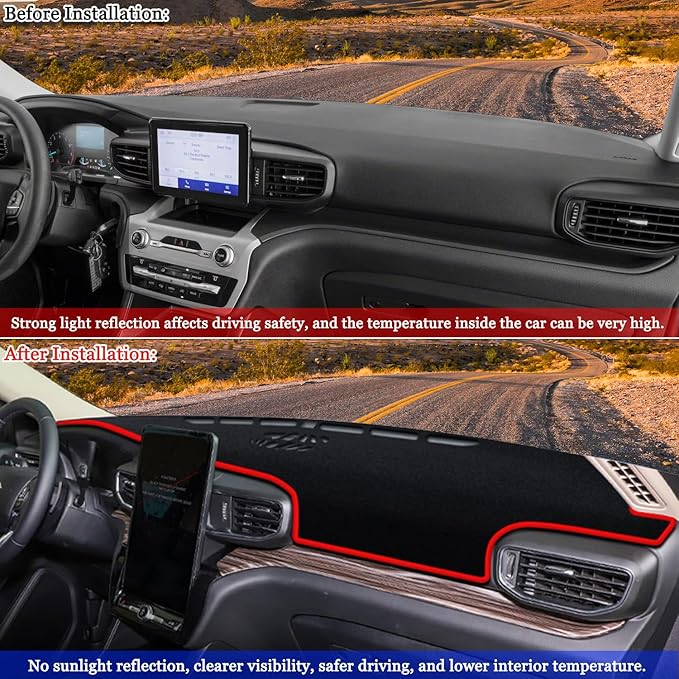Blazeray Dash Cover Mat for Ford Explorer 2020 2021 2022 2023 2024 Dashboard Cover Nonslip Dash Board Protector Mat Interior Accessories Sunshade Anti Glare Pad Carpet Sunshield(Red Edge)
