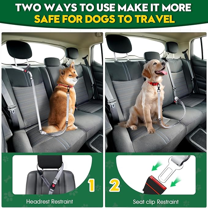 2 Piece Dog Car Seat Belt Harness Retractable Restraint for Car Headrest Adjustable Heavy Duty & Elastic & Durable Dog Car Seat Belt (Grey)