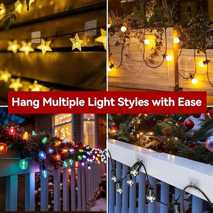 Hooks for Outdoor String Lights, 80 Pack Heavy Duty Cable Clips, Damage Free Cord Clips, Waterproof and UV-Resistant, Clear Self-Adhesive Hooks for Hanging Christmas Lights Outdoor and Patio Decor