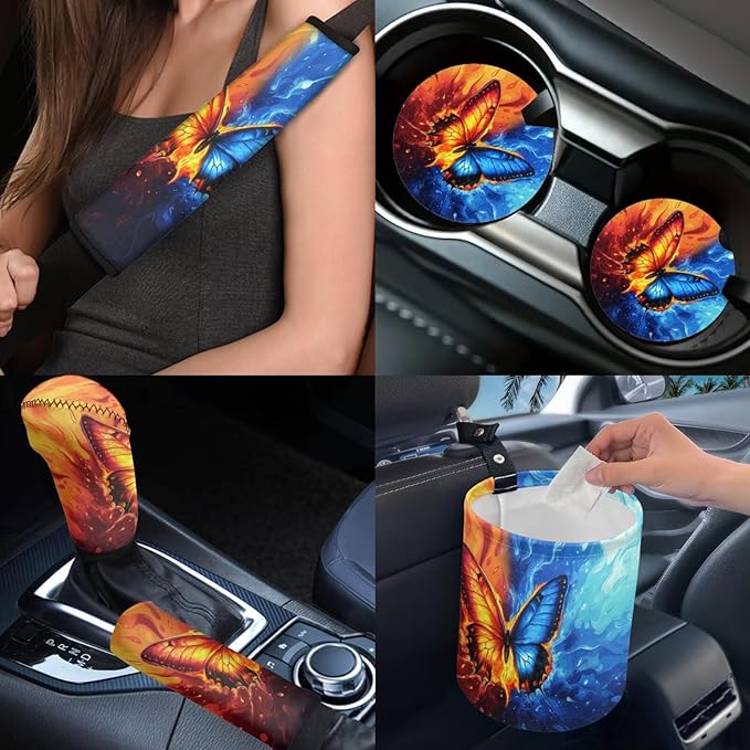 Dngkaoje Butterfly Car Seat Covers Full Set for Front and Rear 13 Pack Colorful Butterfly Auto Interior Accessories Set Womens Girly Center Console Cover,Hanging Trash Bag,Seatbelt Shoulder Pads