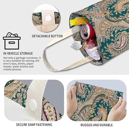 AXZOPDE Cute Car Trash Can, Hanging Canvas Car Back Seat Organizer and Storage Bag, Funny Car Trash Bag For Travelling, Outdoor Luxury Boho Paisley Flower