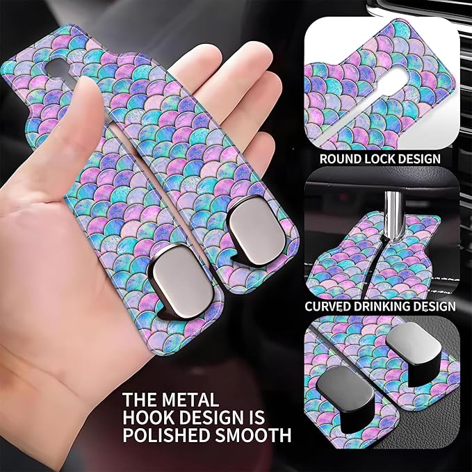 Car Headrest Purse Hanger Watercolor Mermaid Fish Scale 1 Pack Bag Purse Holder for Car Premium Leather Double Metal Hook for Handbags, Grocery Bags and Phones