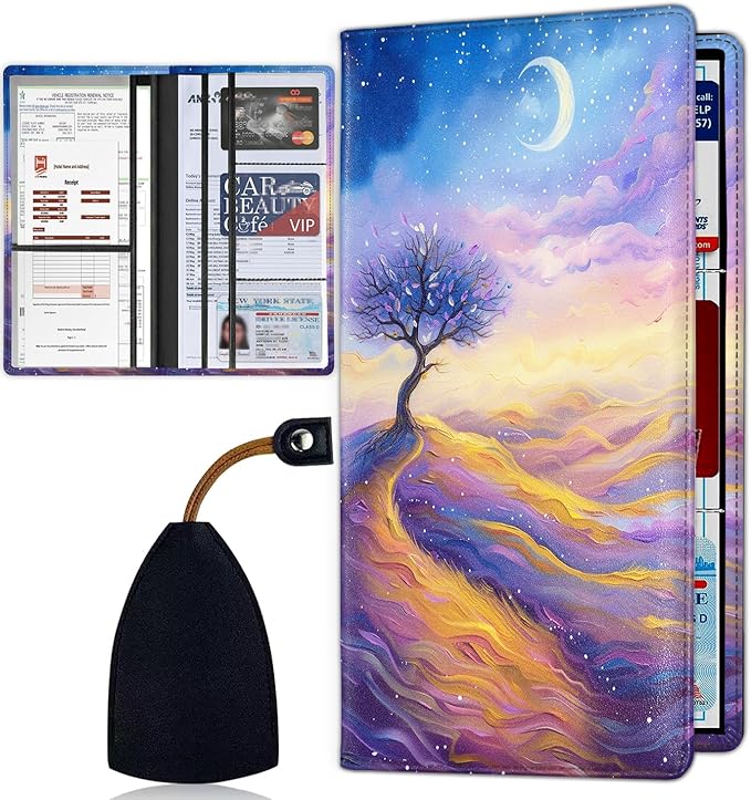 Car Registration Holder, PU Leather Vehicle Card Document Glove Box Organizer, Women Interior Auto Accessories Case for Cards, Driver License Car Insurance Holder, Purple Dark Night Trees Starry Sky 2