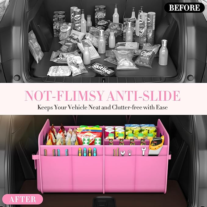 titiyiof Trunk Organizer For Suv & Sedan,Car Organizers and Storage, Waterproof Collapsible & Adjustable Straps,75L Sturdy Car Organization for Car Accessories, Tools,Sundries,2-3 Compartment（Pink）
