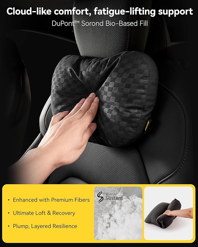 3W Headrest Pillow for Driving with Bio-Fleece Filling, Breathable Suede Cover, Ergonomic Design for Pain Relief, Cushion with Adjustable Strap for Car Automative, Black
