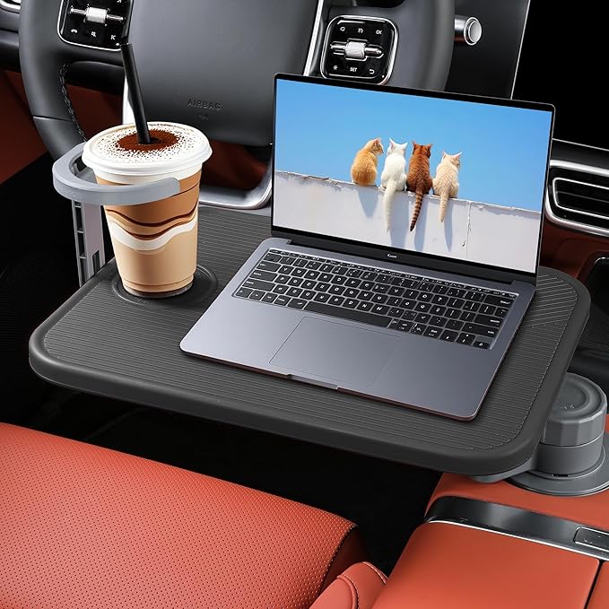 Car Table Tray & Laptop Desk for Car, 360° Rotating Wood Cup Holder Table, Aluminum Cantilever Laptop Mount for Vehicle, Steering Wheel Tray (Black)