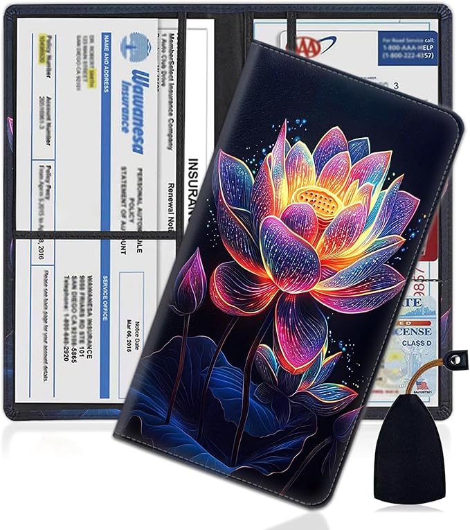 Yuxcfhjfe Car Registration Holder, PU Leather Vehicle Glove Box Organizer for Driver License, Document, Car Insurance Holder with Magnetic Shut, Auto Paperwork Wallet Case Accessories, Colorful Lotus