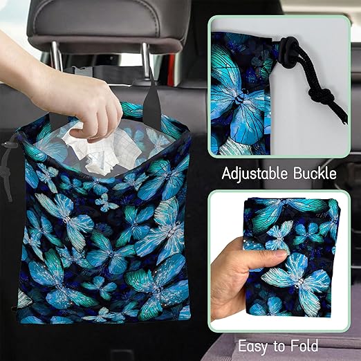 NHNXHWIA Blue Butterfly Car Trash Bag,Hanging Drawstring Car Garbage Bag,Waterproof Canvas Car Back Seat Organizer with Adjustable Buckle,for Vehicles,SUVs,Camping,Road Trips