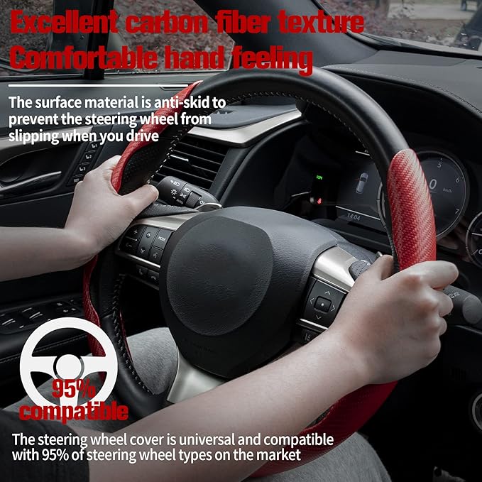 Amiss Carbon Fiber Anti-Skid Steering Wheel Protector, Segmented Butterfly Universal Wheel Cover, Car Interior Accessories (Red)
