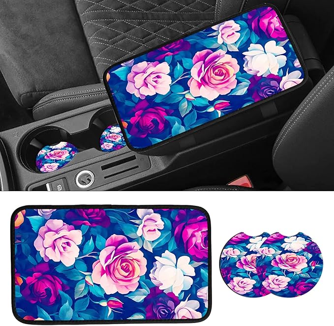 JANENFNA Car Armrest Cover Pads Universal Fashion Cute Auto Center Console Armrest Cover Pad with 2PCS Car Coasters Soft Waterproof Car Armrest Seat Protector for Women,Colorful Rose