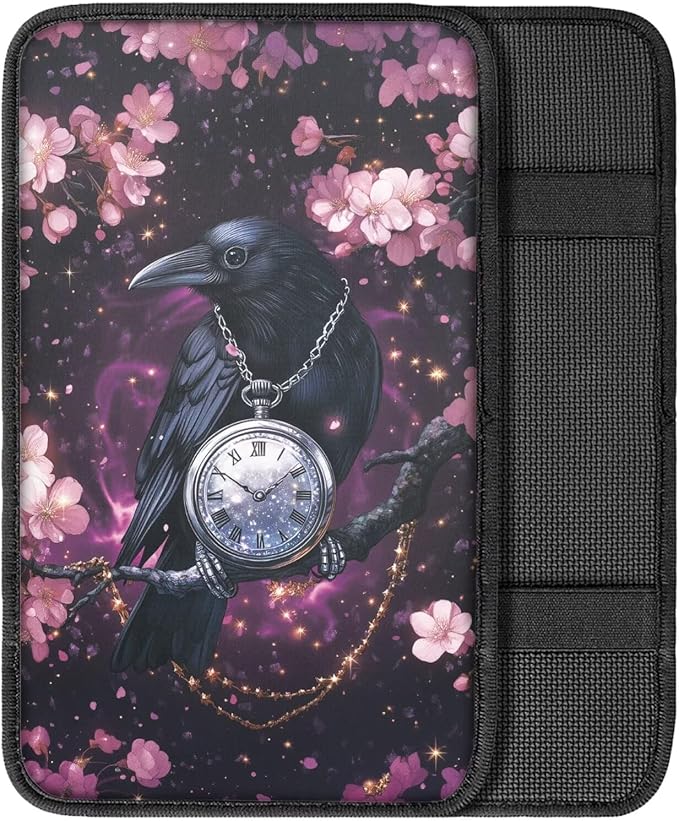 Raven Clock Print Armrest Cover Pad for Car Cherry Blossom Print Car Armrest Box Protector Pad Universal Fits for Sedan Truck SUV, Easy to Install Auto Decor for Women Men