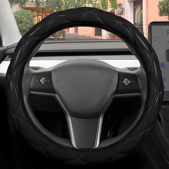 Carbella Black Stitched Leather Steering Wheel Cover for Women, Standard 15 Inch Size Fits Most Vehicles, Cute Faux Car Steering Cover with Diamond Double-Stitch Detail, Car Accessories for Women