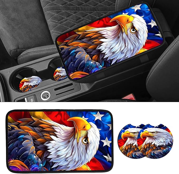 JANENFNA Car Armrest Cover Pads Universal Fashion Cute Auto Center Console Armrest Cover Pad with 2PCS Car Coasters Soft Waterproof Car Armrest Seat Protector for Women,Flag Eagle a