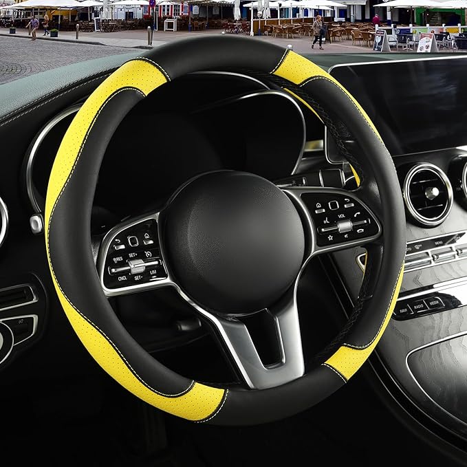 Binsheo Microfiber Leather Steering Wheel Cover, Breathable, Anti Slip, 13.5 inch to 14 inch, Black with Yellow