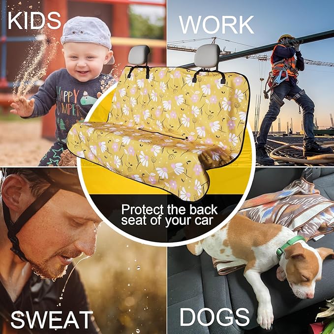 LoyaGour Back Seat Cover for Car Trucks Van SUV,Waterproof Rear Bench Towel Seat Covers for Dogs and Kids,Automotive Backseat Protector (Chamomile and Yellow)