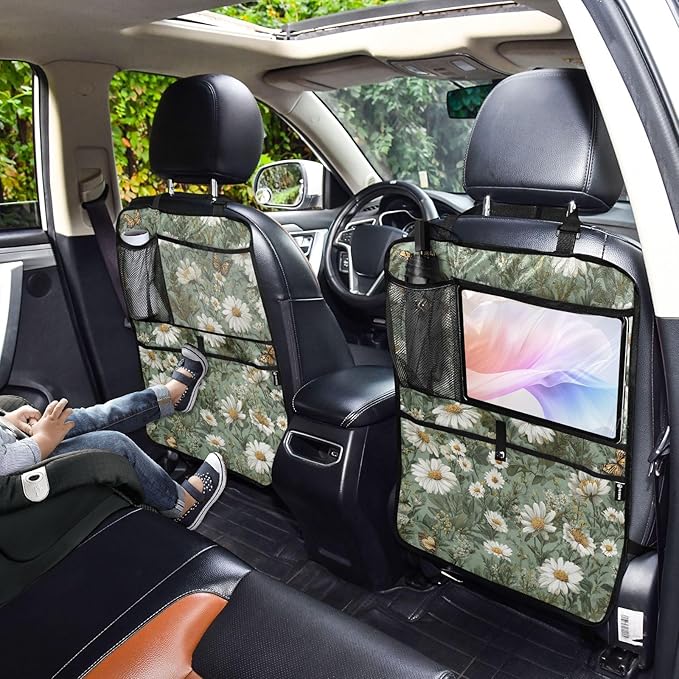 1 Pack Back Seat Car Organizer with Storage Pockets Kick Mats Back Seat Protector Hanging Car Organizer Automotive Seat Back Cover Organizers Summer Daisy Butterfly Green
