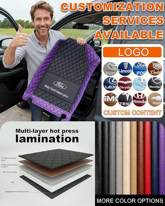 All-Weather car Floor MATS-Suitable for 99% of car Models,Leather car mat, offering Personalized Embroidery and Multiple Color Options,Provide Protection for car Rug (Black Purple)