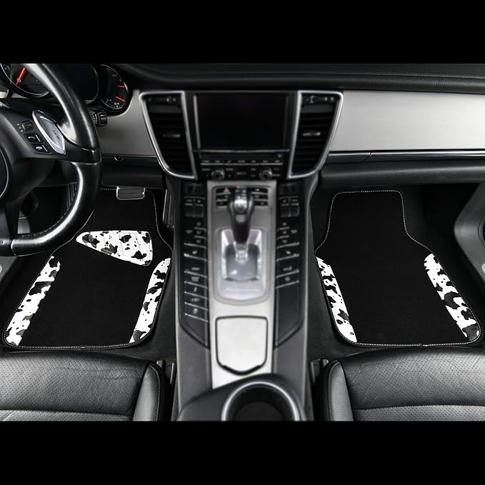 CAR PASS Waterproof Universal 3Pcs Car Floor Mats, Cow Print Car Mats Fit for SUV,Vans,sedans, Trucks,Set of Vehicles Car Carpet with Driver Heel Pad and Nibs Backing, Cute Women Girly (Black White)