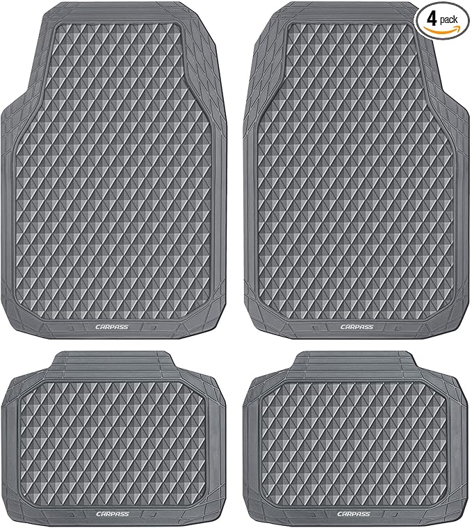 CAR PASS Gray Rubber Car Mats, All-Weather Floor Mats Full Set Durable Anti-Slip 3D Rhombus Waterproof Automotive Pad Trim to Fit Liner Universal Fit for Sedan SUV Truck Van, 4 Pcs All Gray Rubber