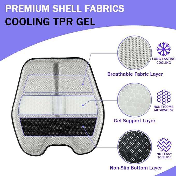 Soft Thin Gel Seat Cushion for Car Seat, Office Chair, Wheelchair, Stadium - Non-Slip Car Seat Cushions with 1 Inch Gel - Sciatica & Tailbone Pain Relief (Light Gray)