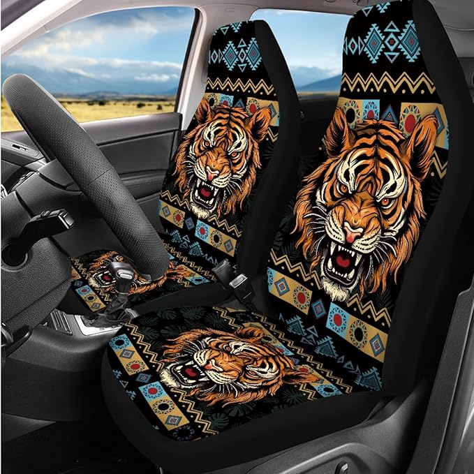 Dngkaoje Animal Tiger Car Seat Covers Full Set 13 Pcs Western Tiger Car Accessories Set with Steering Wheel Covers,Universal Collapsible Garbage Bin,Cup Holders,Armrest Cushion Pad