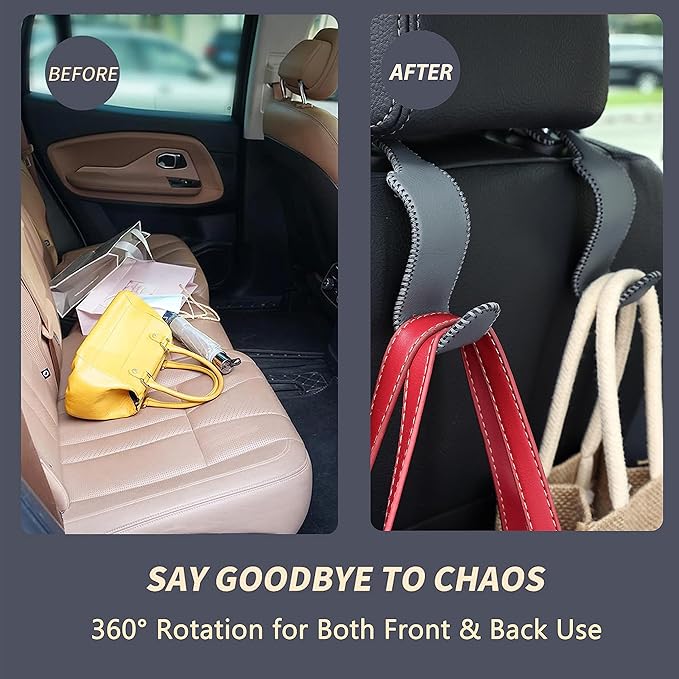 Amooca Car Seat Headrest Hook Universal Vehicle Storage Hanger Leather with Metal Car Seat Back Organizer for Handbag Purse Coat Grey 2 Pack