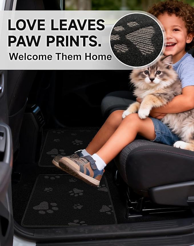 Cute Embroidered Dog Paw Car Floor Mats for Pet Lovers, Universal Fit All Weather Car Mats with Anti-Slip Nibbs Backing, Carpet Floor Mats for Cars, Trucks & Sedans, Full Set of 4 (Gray Paw)
