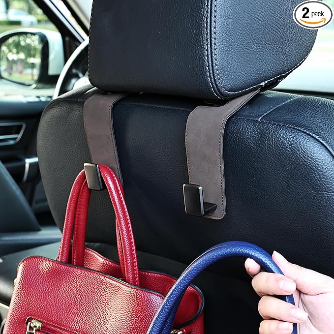 Amooca Car Seat Back Hook Universal Auto Storage Hanger Suede with Metal Car Seat Organizer for Handbag Purse Coat Umbrellas Grocery Bags 2 Pack Brown