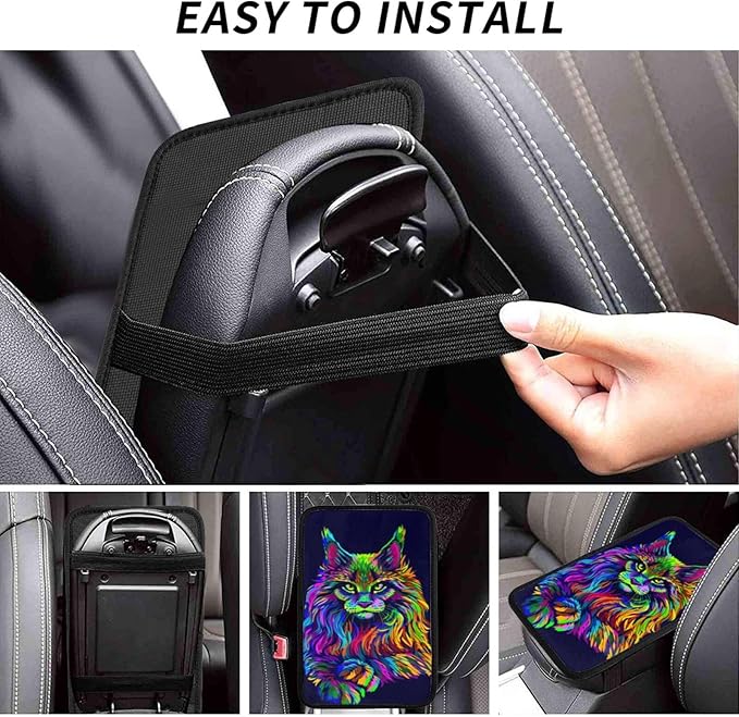 Neon-Colored Maine Coon Cat Portrait Universal Center Console Armrest Cover Pad Car Armrest Protector for Most Cars, Suvs & Trucks, Cushion with Easy Installation