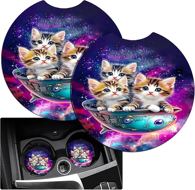 JANENFNA Car Armrest Cover Pads Universal Fashion Cute Auto Center Console Armrest Cover Pad with 2PCS Car Coasters Soft Waterproof Car Armrest Seat Protector for Women,Cute Cat in Spaceship