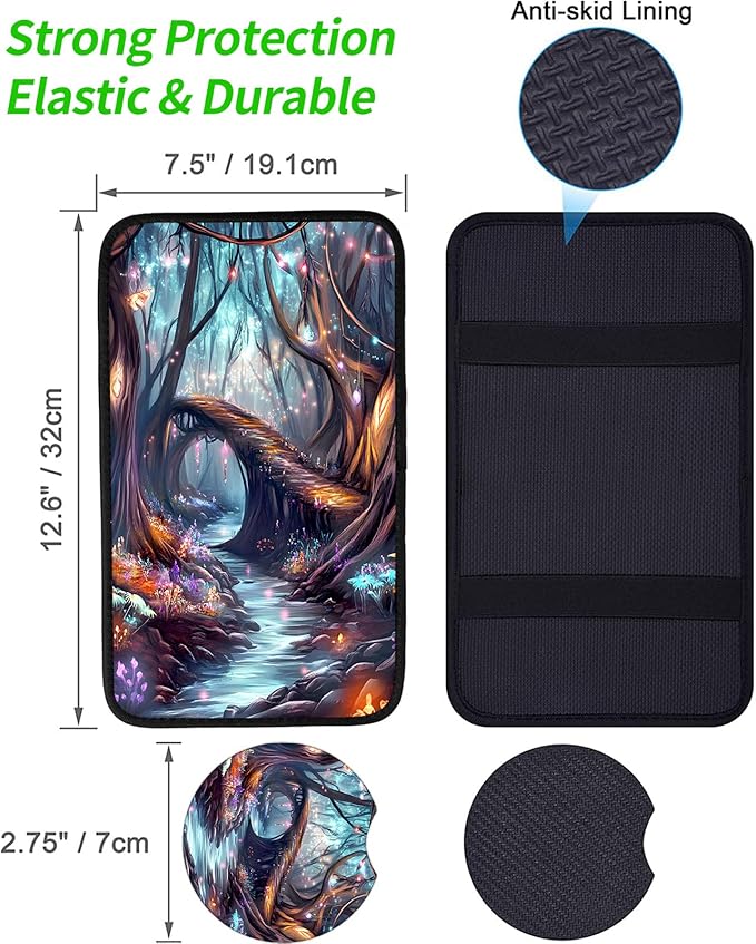 JANENFNA Car Armrest Cover Pads Universal Fashion Cute Auto Center Console Armrest Cover Pad with 2PCS Car Coasters Soft Waterproof Car Armrest Seat Protector for Women,Dream Forest Bridge