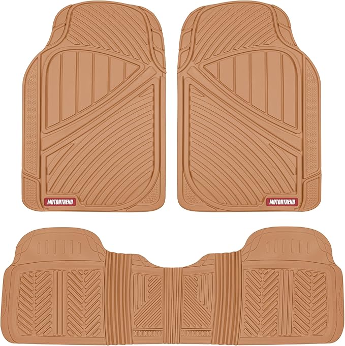 Motor Trend FlexTough Performance All Weather Rubber Car Floor Mats with Cargo Liner - Full Set Front & Rear Floor Mats for Cars Truck SUV, Automotive Floor Mats (Beige)