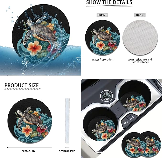 Blue Sea Turtle Steering Wheel Cover Sets Flower Print Car Accessories Handbrake Cover Cup Coaster Car Interiors Decor for Men Women 6pcs