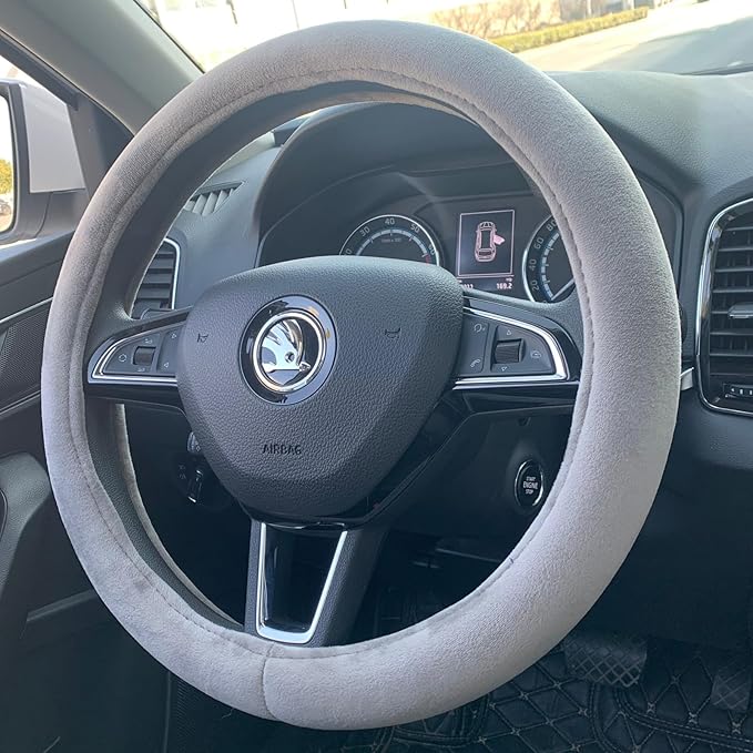 Fluffy Steering Wheel Cover, Short Plush Auto Accessories for Men and Women with Inner Ring Universal 15 Inch (Grey)