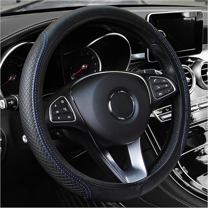 Leather Steering Wheel Cover,Anti Slip Car Steering Wheel Cover for Car Decorations & Steering Wheel Protections,Universal 15Inch Wheel Cover Car Interior Accessories for Men & Women (Black+Blue)