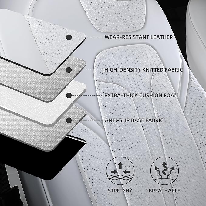 OURPLOT Custom Fit Seat Covers for 2020-2024 Tesla Model Y (5-Seater), Waterproof Nappa Leather, OEM Factory Style Full Set Car Seat Protectors Airbag Compatible - White