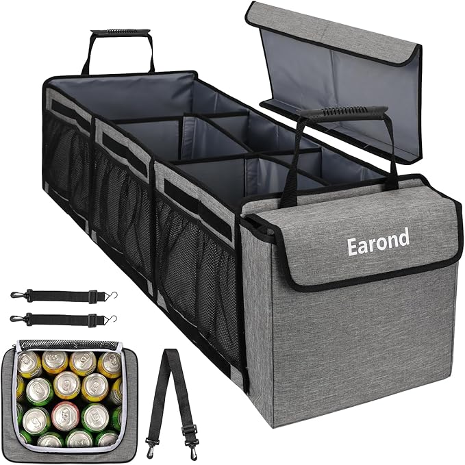 EAROND Collapsible Trunk Organizer with Insulated Leakproof Cooler Bag,Removable Lid,Adjustable Securing Straps,3 Compartments Trunk Organizer for SUV,Truck,Sedan(Light Grey)