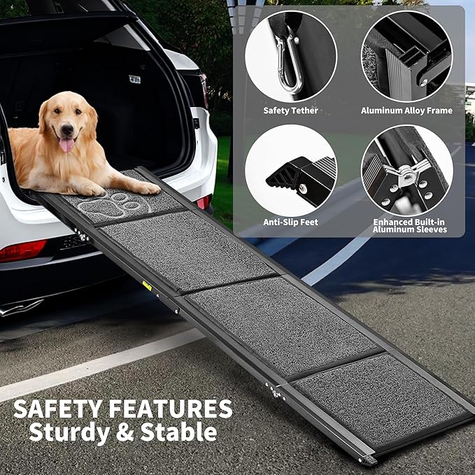 Zendova Dog Ramp for Car 63" Long & 17.3" Wide Portable Dog Ramps for Large Dogs with Non-Slip Rug Surface Dog Car Ramp for SUV Car & Truck, Outdoor Pet Ramp Folding Dog Ramp Up to 250LBS
