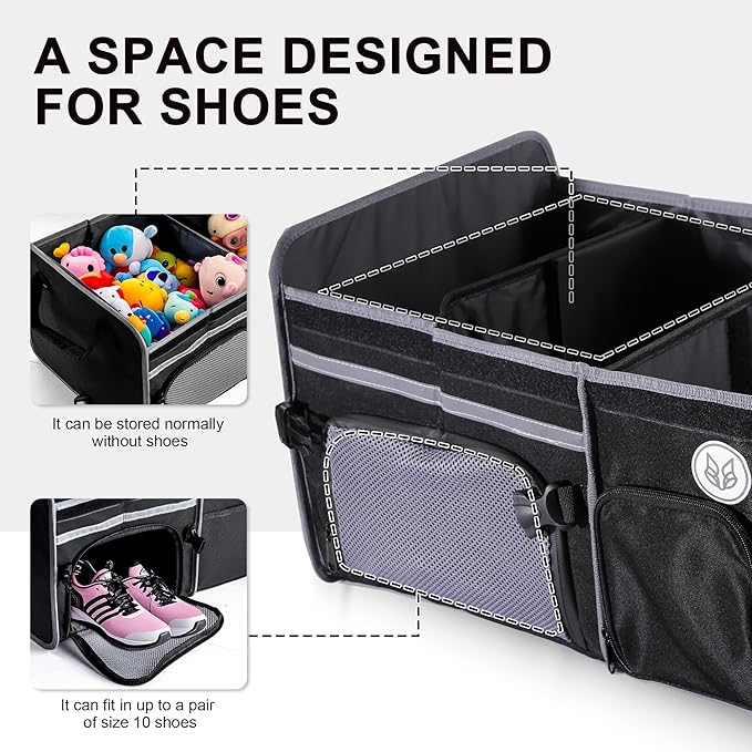 SugarFox Car Trunk Organizer | 63L, 23.6"x14"x12.2" | Dedicated Shoe Space, Adjustable Straps | Waterproof, Collapsible | for SUVs/Small Midsize Cars - Black-X212