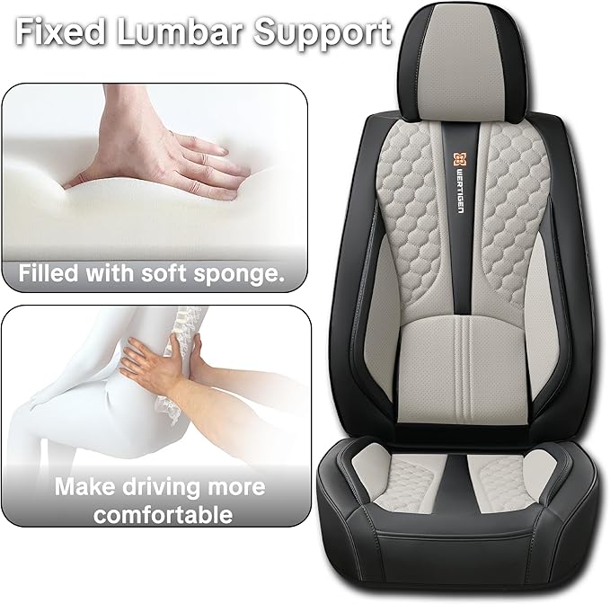 Wertigen Black and Grey PU Leather Car Seat Covers - Luxury Waterproof Car Seat Covers with Lumbar Support, Non-Slip Base, Airbag Compatibility, Easy Installation and Cleaning