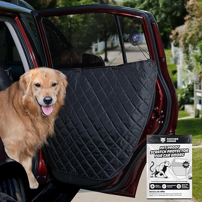 Car Door Protector for Dogs, 2 Pieces. Quilted Anti-Scratch Liner with Adjustable Clips & Suction Cup, Regular Size (28.3" x 21.7") Fits Compact & Medium Cars, Protects Car Doors from Dog Scratches