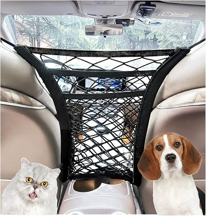 3-Layer Car Mesh Organizer, Seat Back Net Bag, Driver Storage Netting Pouch, Barrier of Backseat Pet Kids, Cargo Tissue Purse Holder（Upgrade Stretch Length）