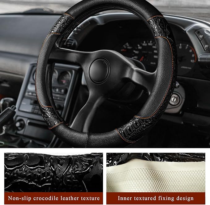 Leather Car Steering Wheel Cover, 15" Crocodile Pattern Anti Slip Car Wheel Wrap with Rose Grain, Four Seasons Universal Auto Steering Wheel Protector for Cars Trucks SUVs (Black & Black)