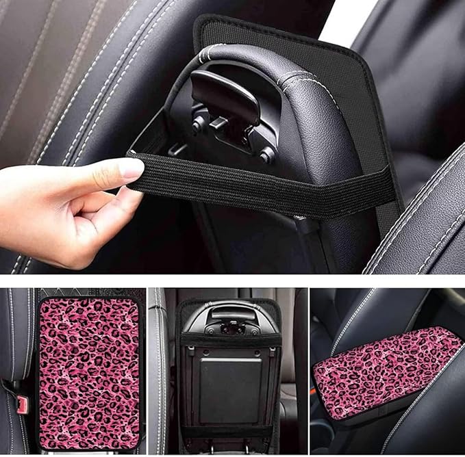 Pink Leopard Print Car Center Console Covers for Women,Car Armrest Cover Pads,Universal Animal Print Car Accessories
