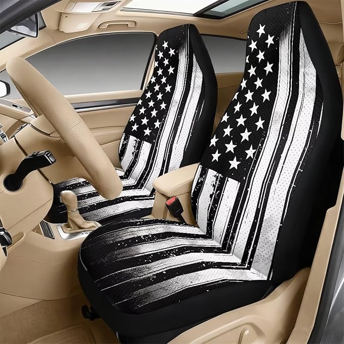 Qeluxign American Flag PU Leather Car Seat Cover Set of 5 Auto Accessories 2 Front Bucket Seat Covers, 2 Seatbelt Pads & 1 Armrest Cover, Easy to Install