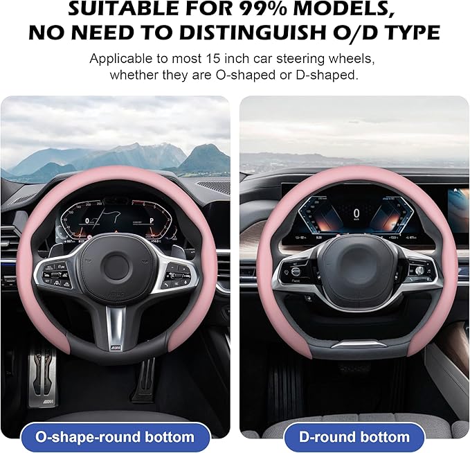 frani Nappa Leather Steering Wheel Cover, Universal 15 Inch Premium Non-Slip Steering Wheel Cover Pink